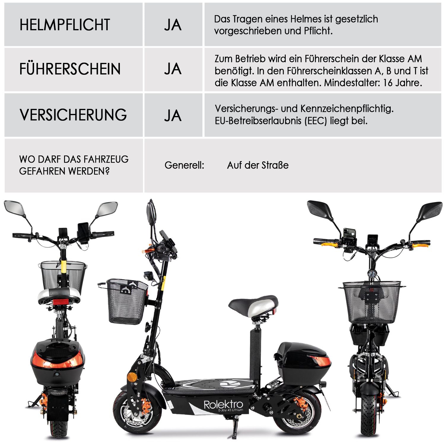 Rolektro E-Joy 45 Lithium, Schwarz, 45 km/h Rolektro E-Joy 45 Lithium, Schwarz, 45 km/h
